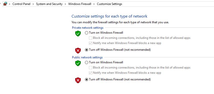 Turn off Firewall in Windows 10