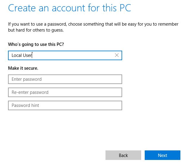 Create an account for this PC