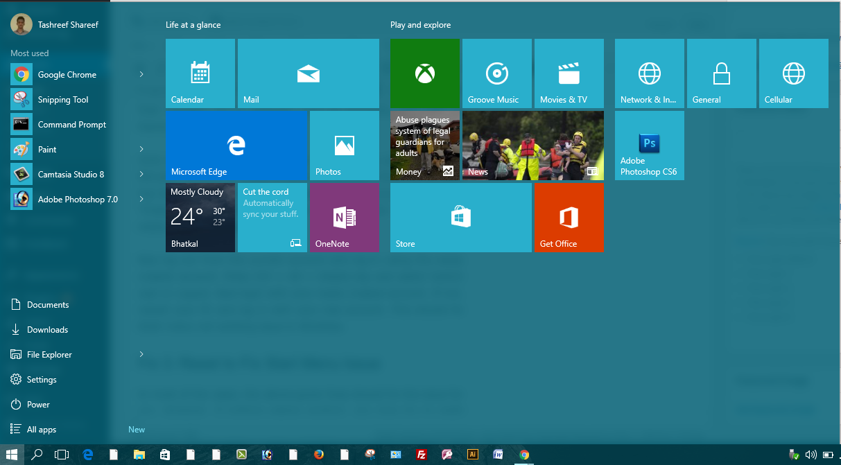 windows 10 new user start menu not working