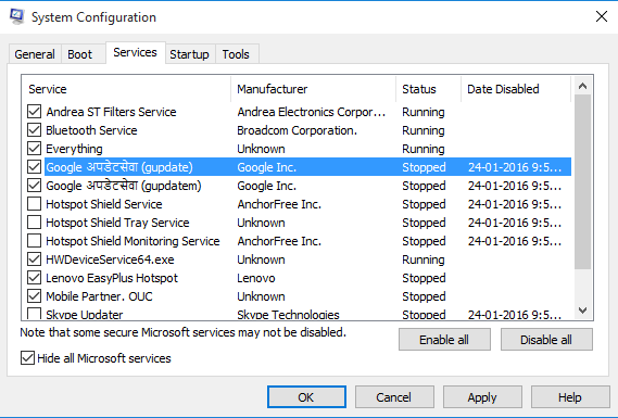 Google Chrome enable Update server in System Configuaration