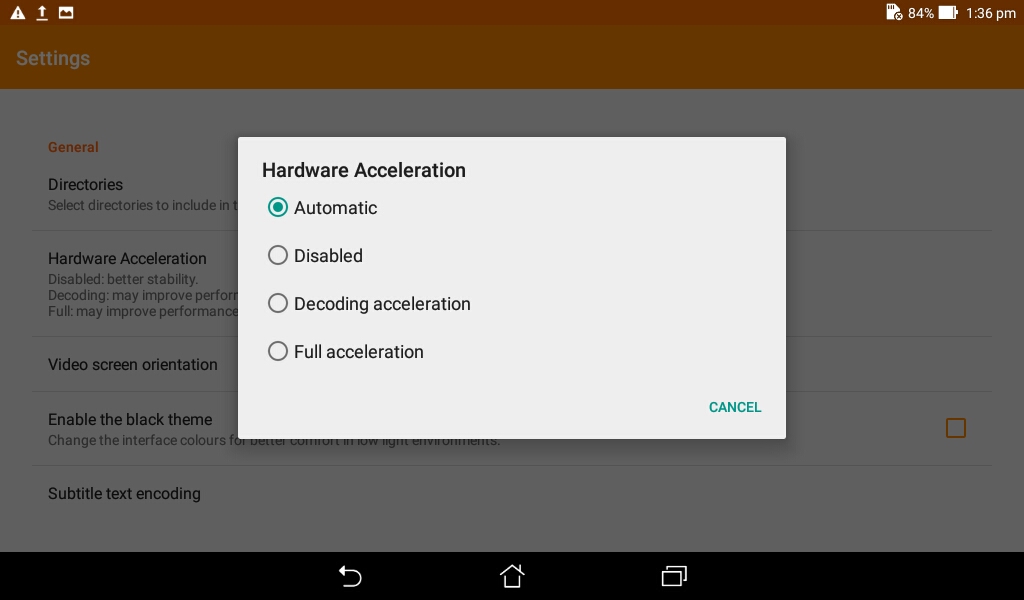 disable hardware accelation in VLC Media Player Android