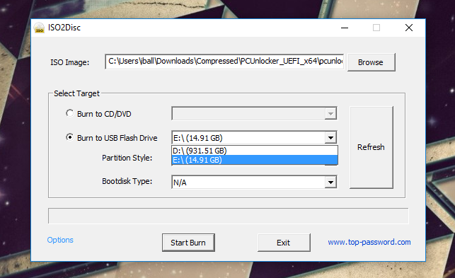 Reset Forgotten Windows 10 password PCUnlocker Iso2Disc Burn to Flash Drive